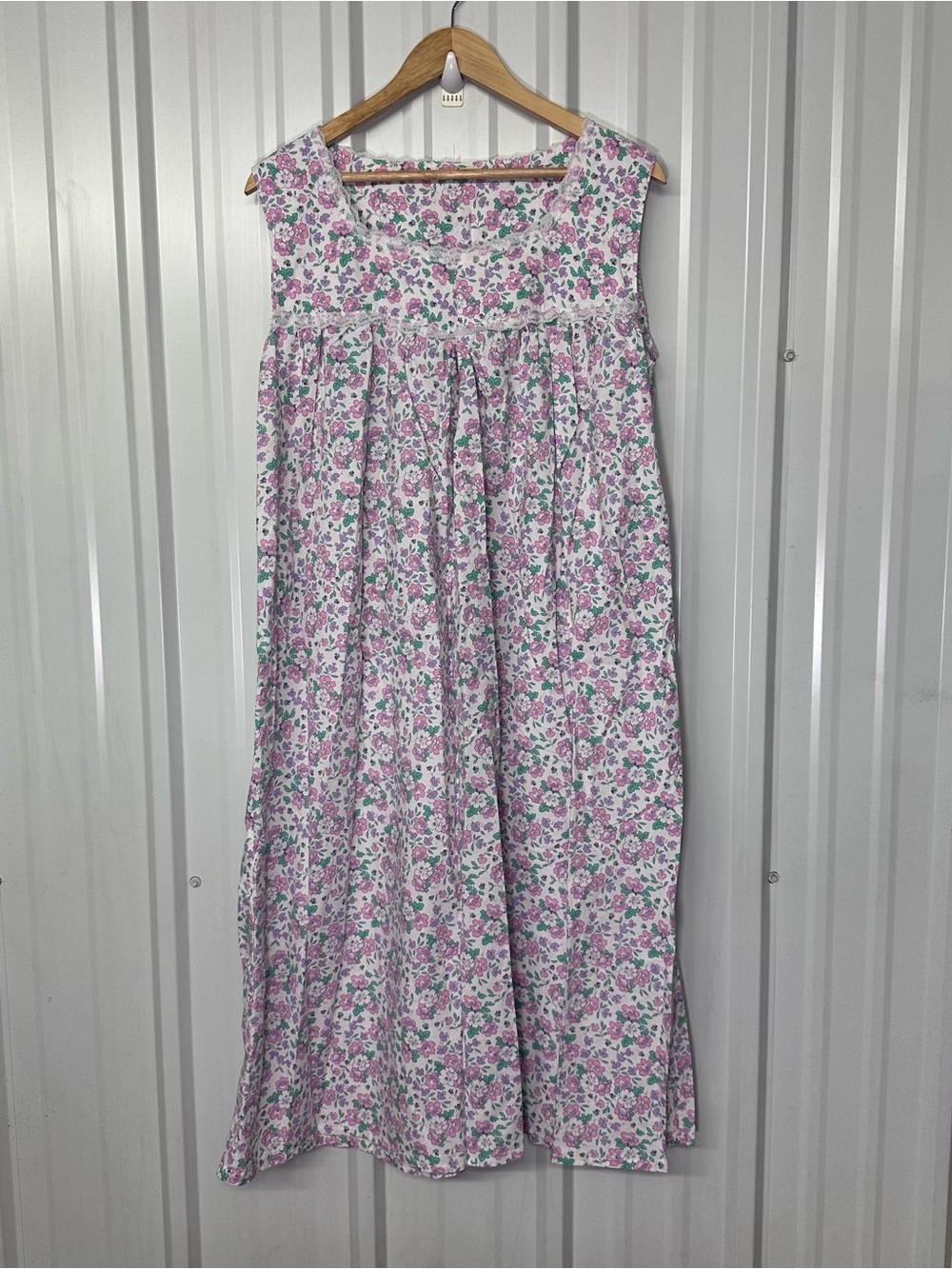 Vintage Handmade Floral Print Cotton Nightgown Sleeveless Lace Trim Cottagecore